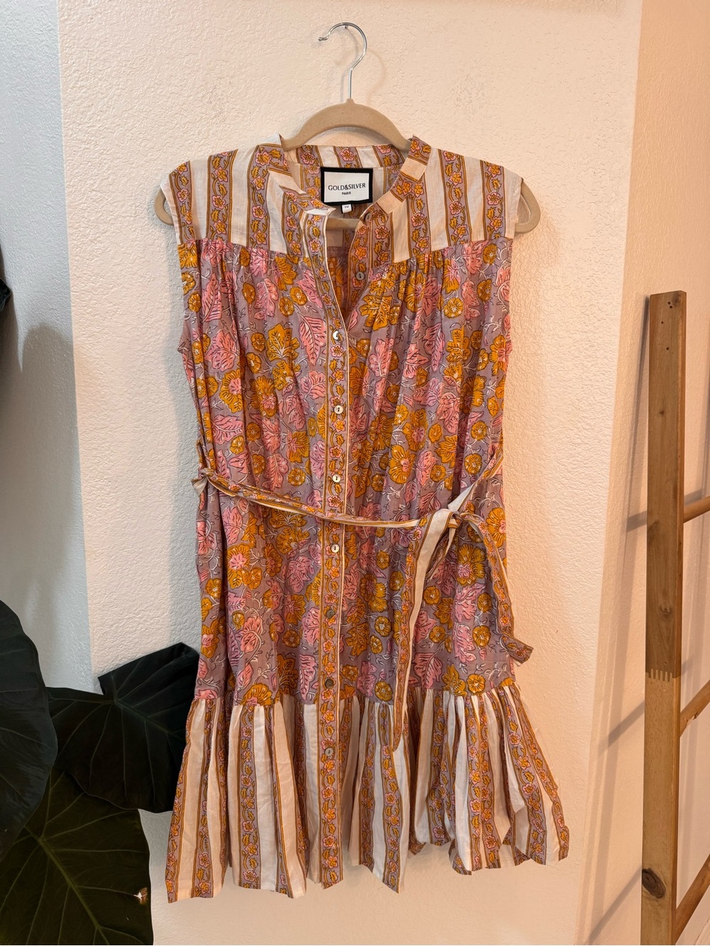Silver & Gold Paris Pink/Mustard Floral Mix Mini Dress With Belt 100% Cotton M